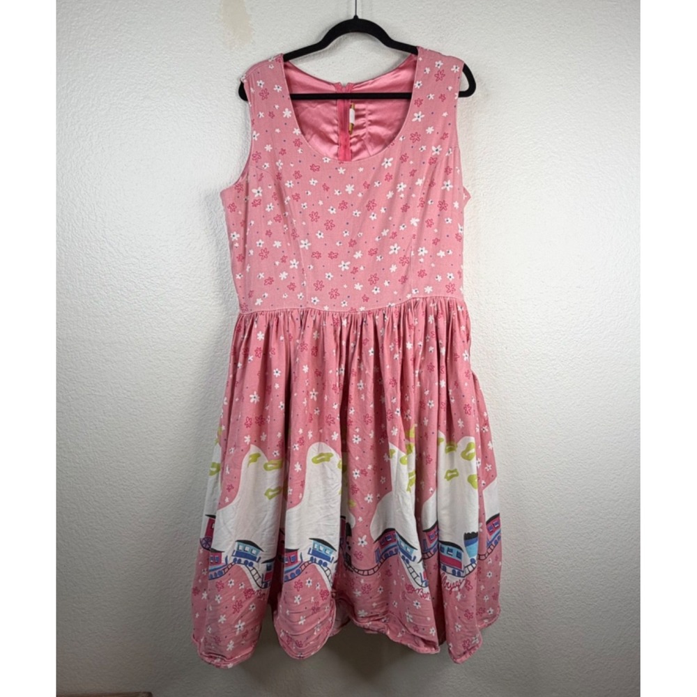 Pinup Couture Mary Blair Women's Dress Pink Sz 2x Trains Bon Voyage Retro
